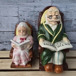 Vintage Piggy Bank Retirement Fund Old Man Grandpa Grandma Rocking Chair